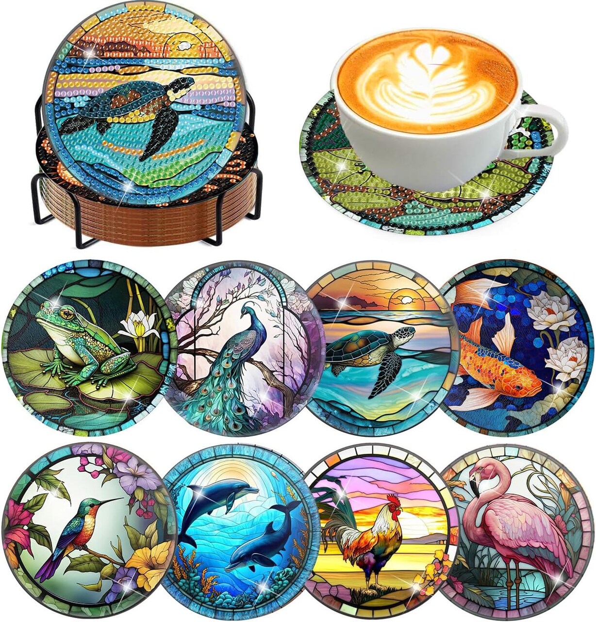 8-Piece Animal Diamond Art Coaster Kit for Adults – DIY Diamond Painting Coasters with Holder & Cork Pads, Home & Office Decor Craft (Different Animals)